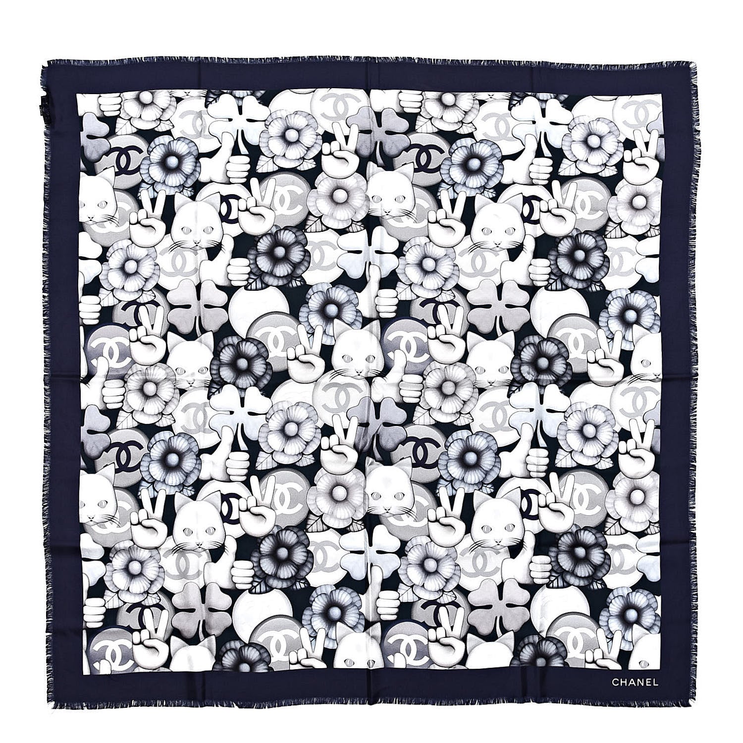 Chanel Silk Chiffon Cat Emoticon Scarf Blue 1 of 9