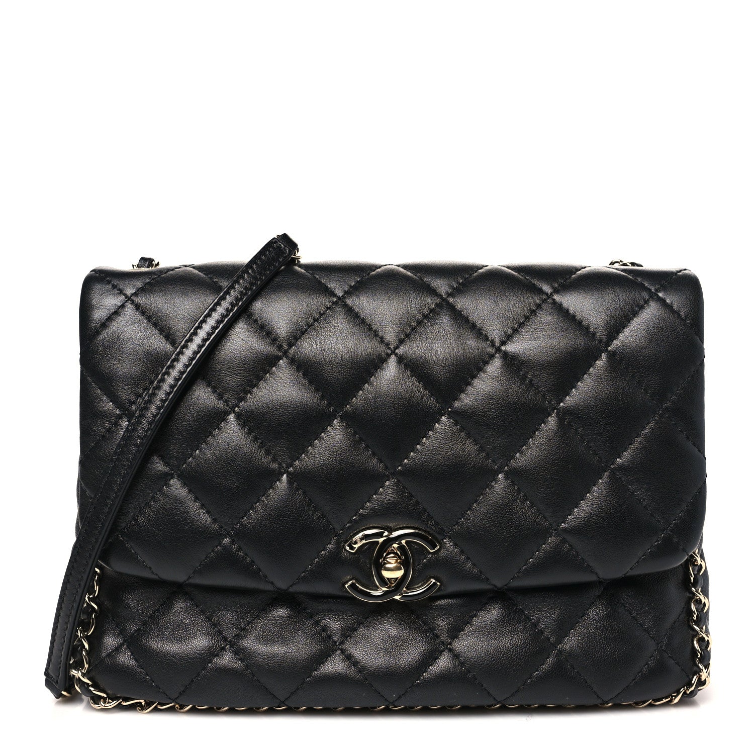 Chanel Lambskin Quilted Enamel CC Chain Frame Flap Black 1 of 10