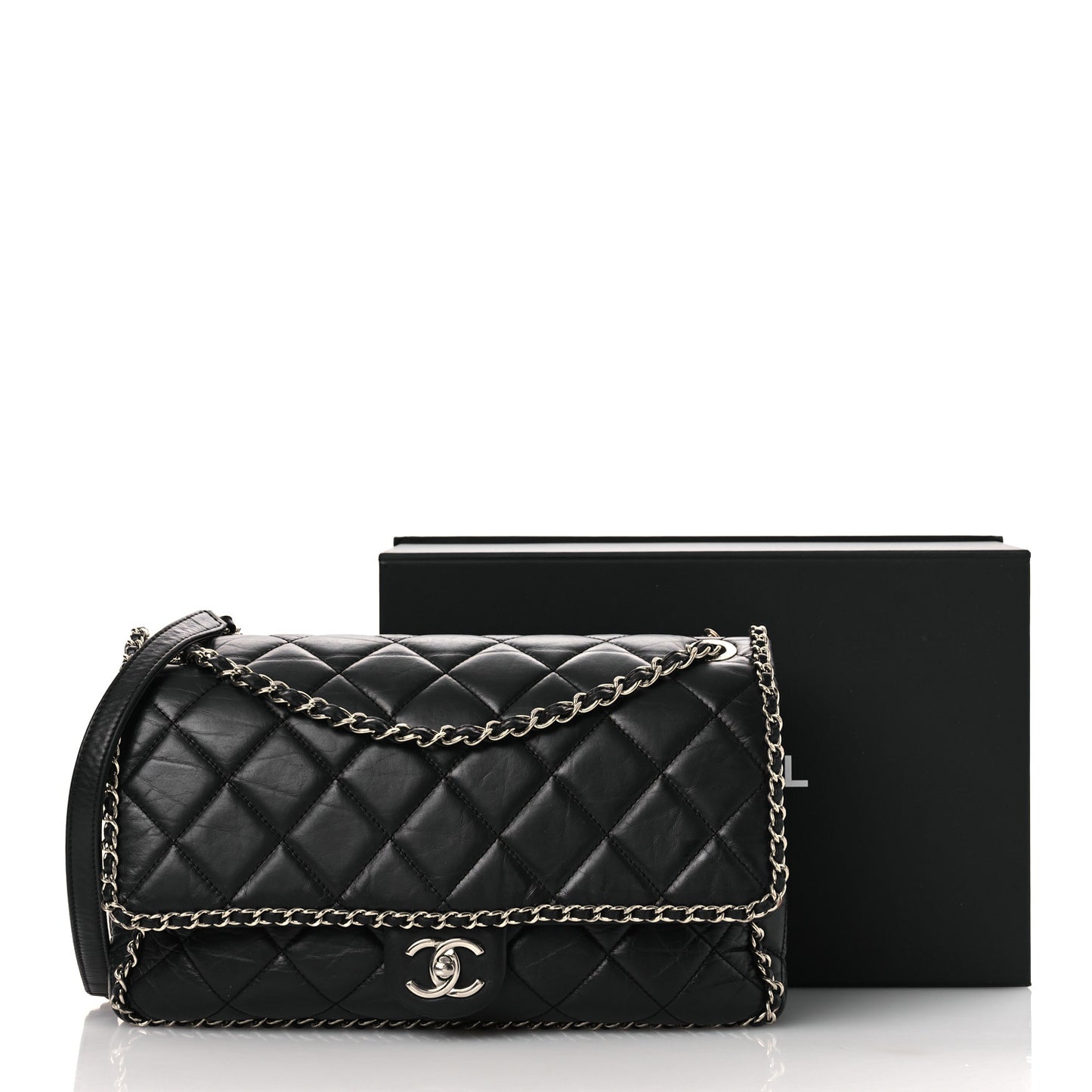 Crumpled Calfskin Quilted Large Chain Around Flap Black