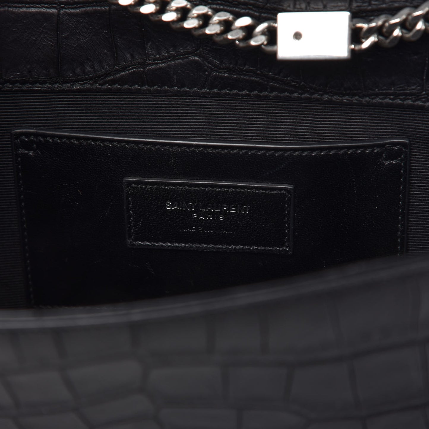 Calfskin Crocodile Embossed Medium Classic Monogram Kate Tassel Satchel Black