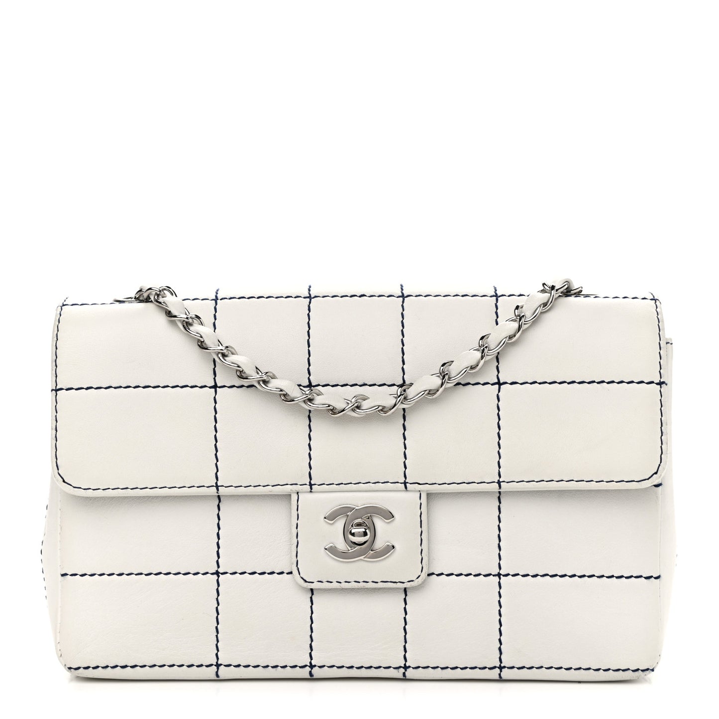 Lambskin Stitched Medium Chocolate Bar Flap White