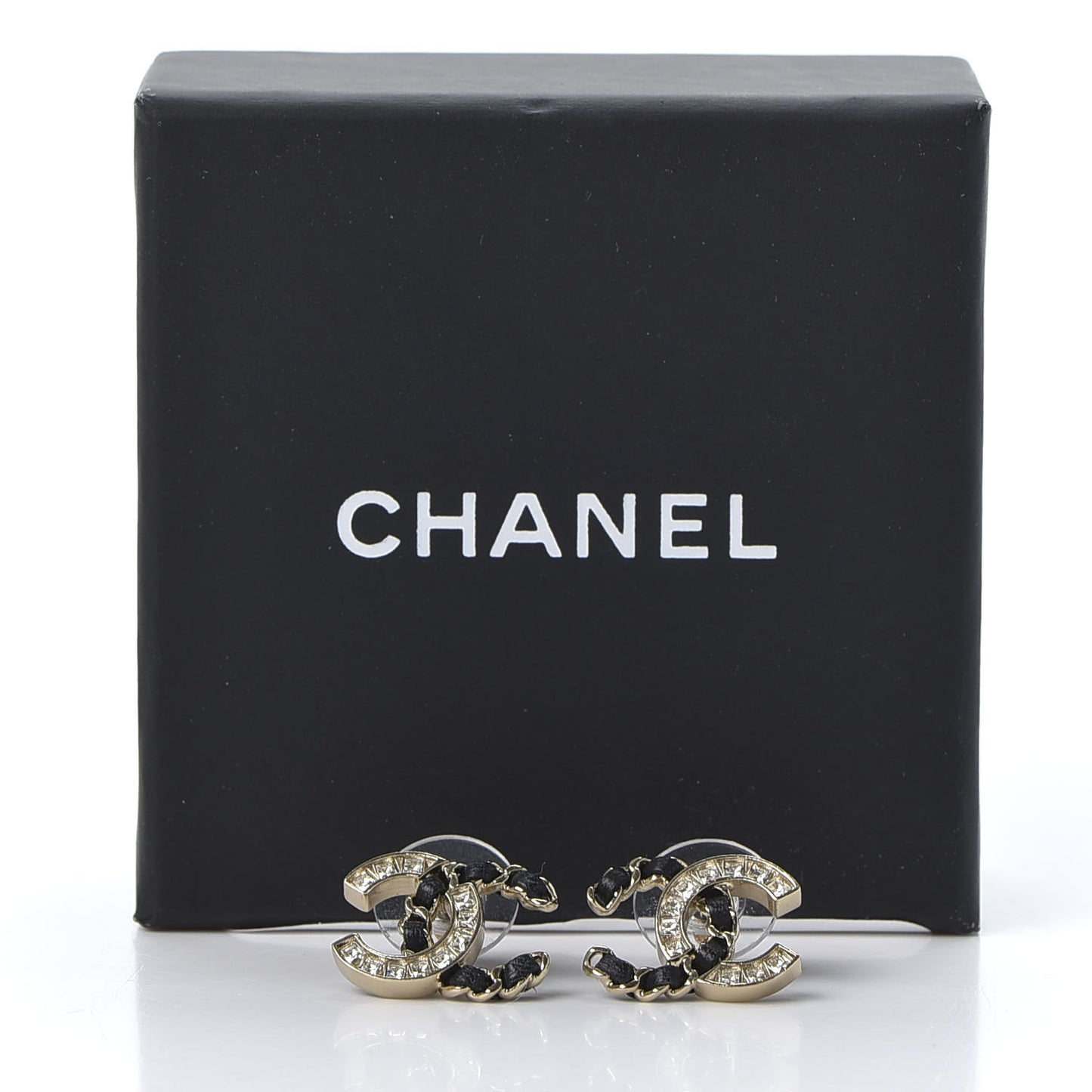 Crystal Baguette Lambskin Chain CC Vintage Allure Stud Earrings Black Gold