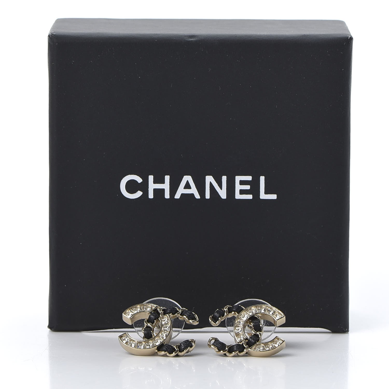 Chanel Crystal Baguette Lambskin Chain CC Vintage Allure Stud Earrings Black Gold 5 of 5