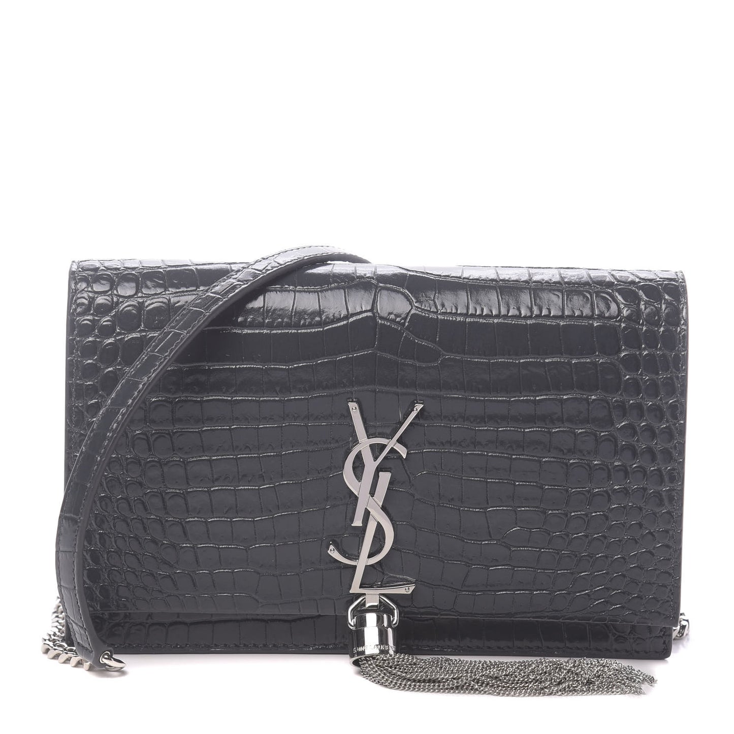 Calfskin Crocodile Embossed Kate Monogram Tassel Chain Wallet Dark Smog