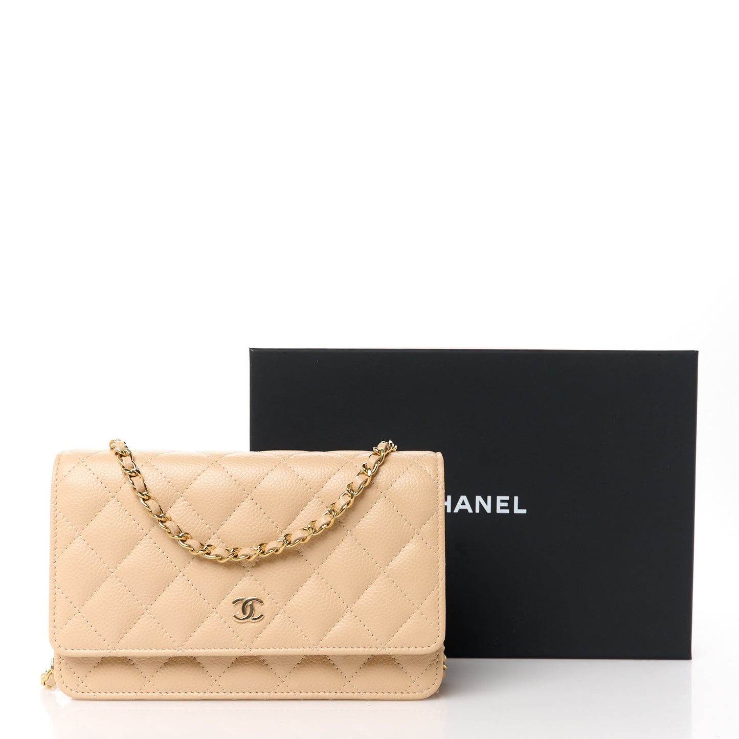 Caviar Quilted Wallet on Chain WOC Beige