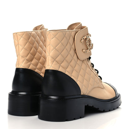 Chanel Shiny Lambskin Quilted Lace Up Combat Boots 41 Beige Black 4 of 8