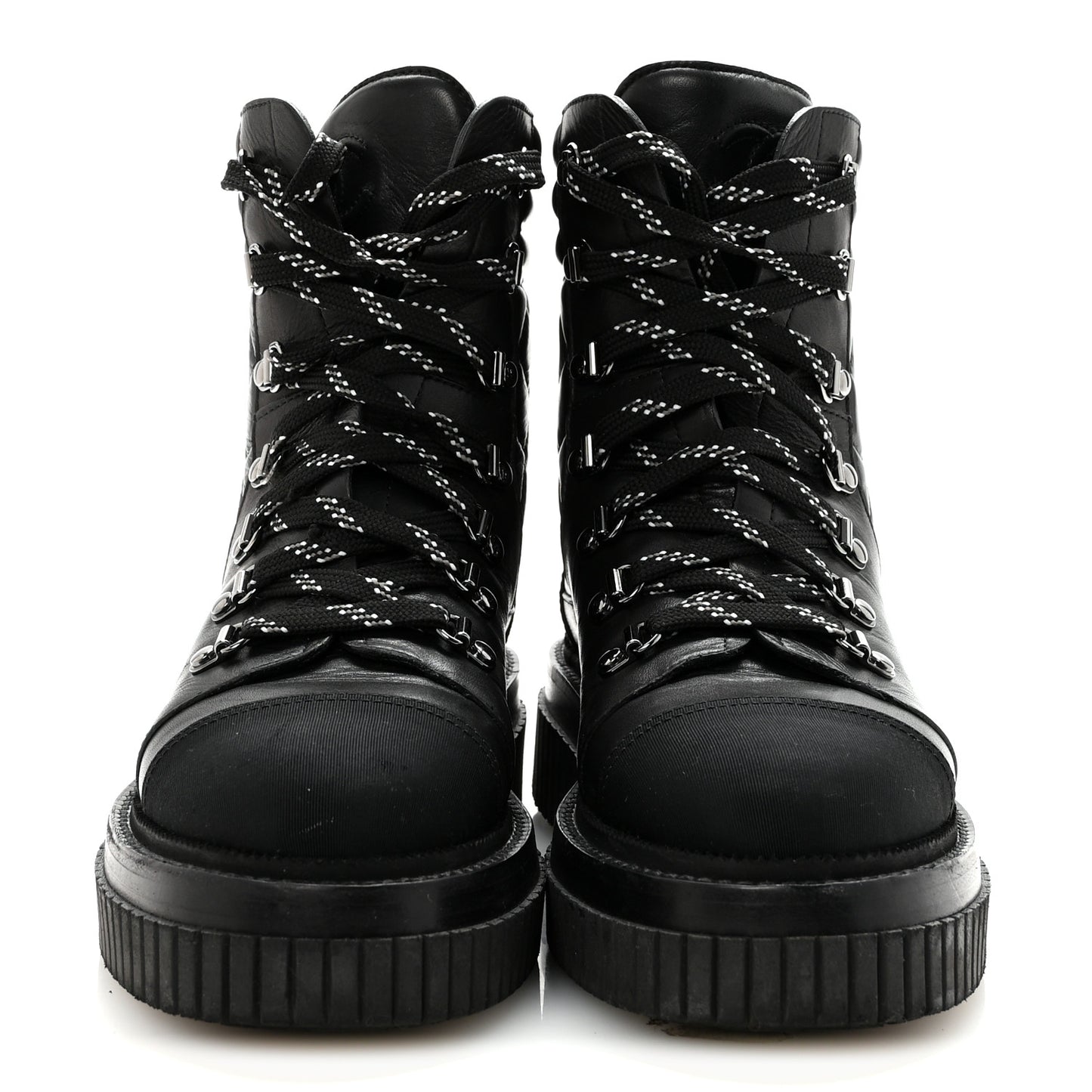 Calfskin Grosgrain Quilted Lace Up Boots 38.5 Black Grey