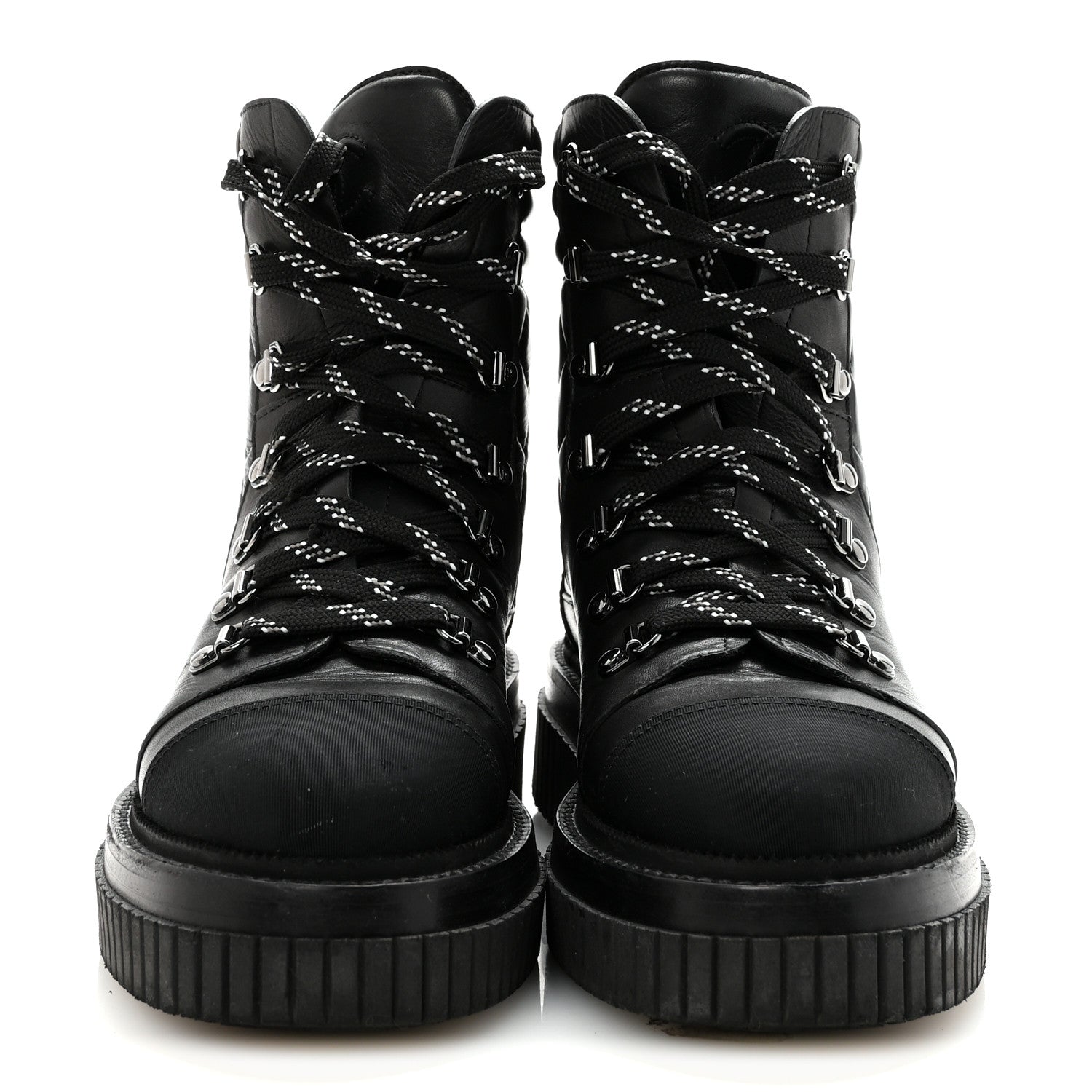 Chanel Calfskin Grosgrain Quilted Lace Up Boots 38.5 Black Grey 3 of 9