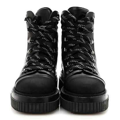 Chanel Calfskin Grosgrain Quilted Lace Up Boots 38.5 Black Grey 3 of 9