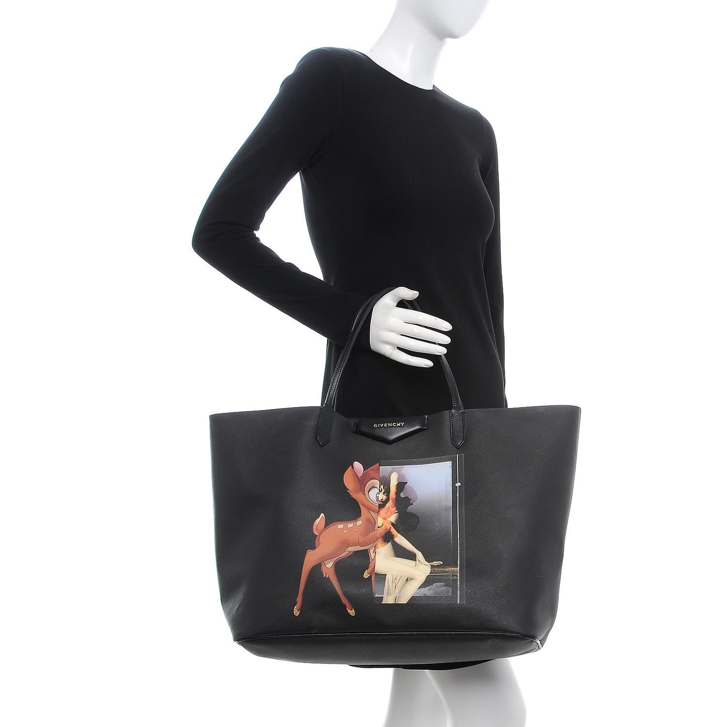 Textured Coated Canvas Bambi Print Large Antigona Tote Black
