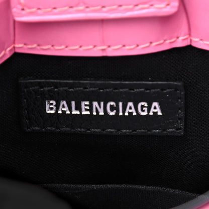 Balenciaga Shiny Calfskin Crocodile Embossed Logo Shopping Phone Holder Bag Rose Black 7 of 11