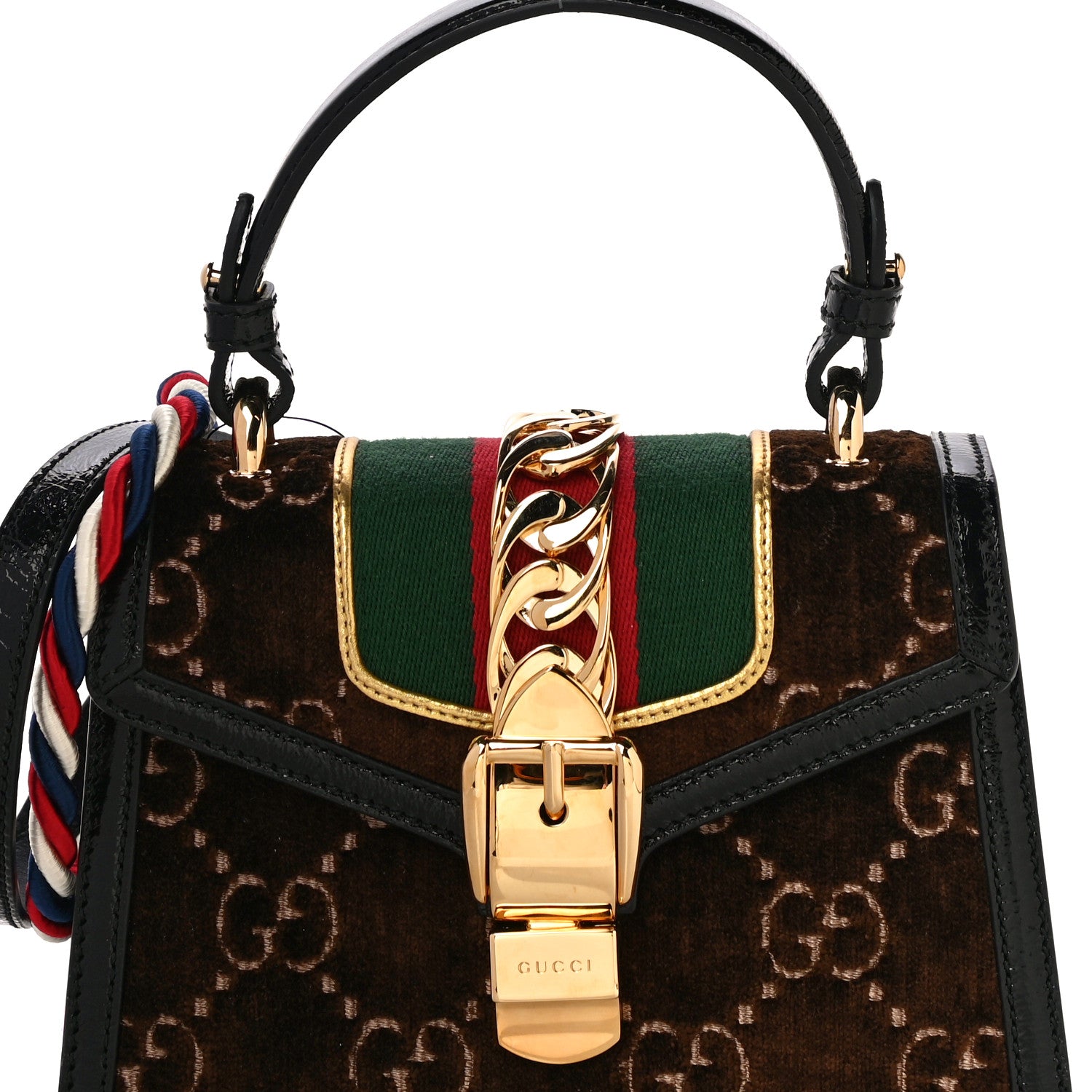 Gucci Velvet GG Monogram Web Mini Sylvie Top Handle Bag Brown Black Oro Vecchio 8 of 11