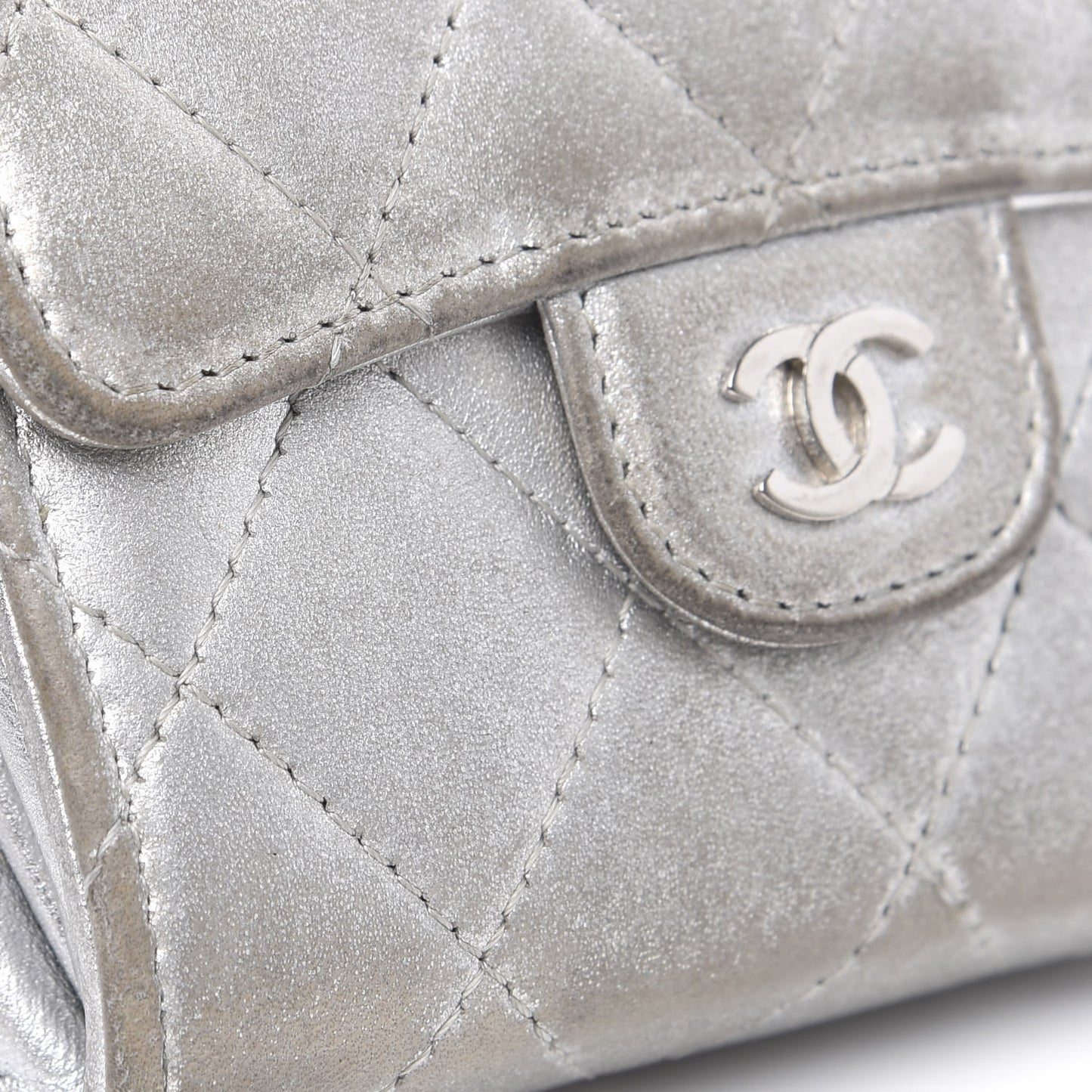 Metallic Lambskin Quilted Flap Card Holder Wallet Silver