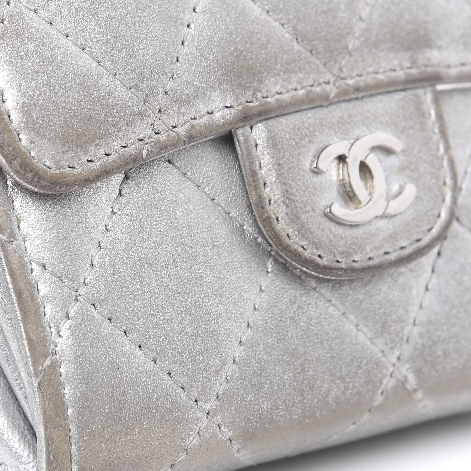 Chanel Metallic Lambskin Quilted Flap Card Holder Wallet Silver 9 of 12