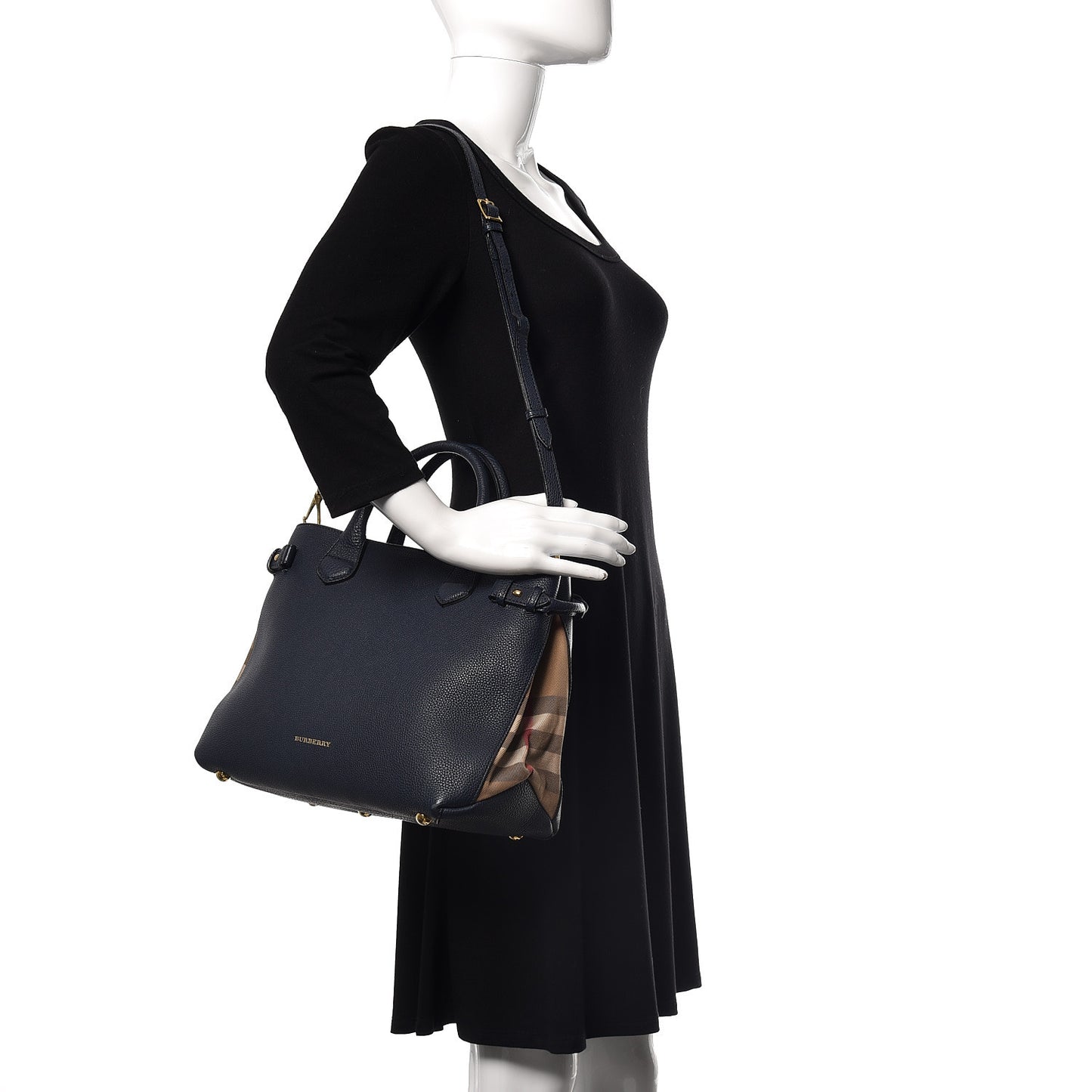 Grainy Calfskin House Check Medium Banner Tote Midnight Blue