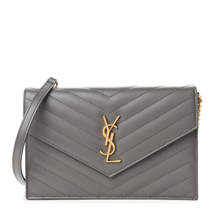 Saint Laurent Grain De Poudre Matelasse Chevron Monogram Envelope Chain Wallet Coal 1 of 4