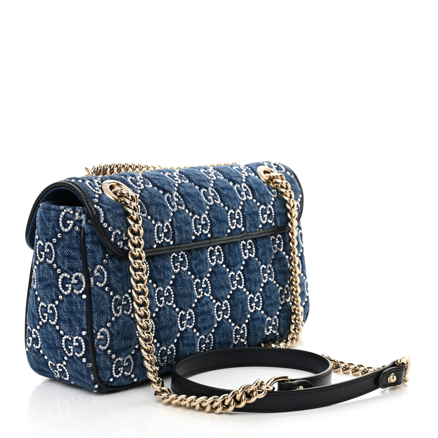 Denim Crystal Applique Small GG Marmont Shoulder Bag Blue