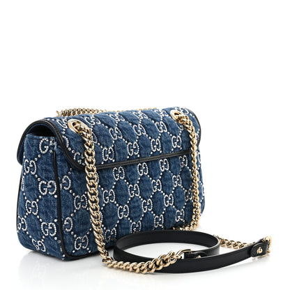 Gucci Denim Crystal Applique Small GG Marmont Shoulder Bag Blue 3 of 10