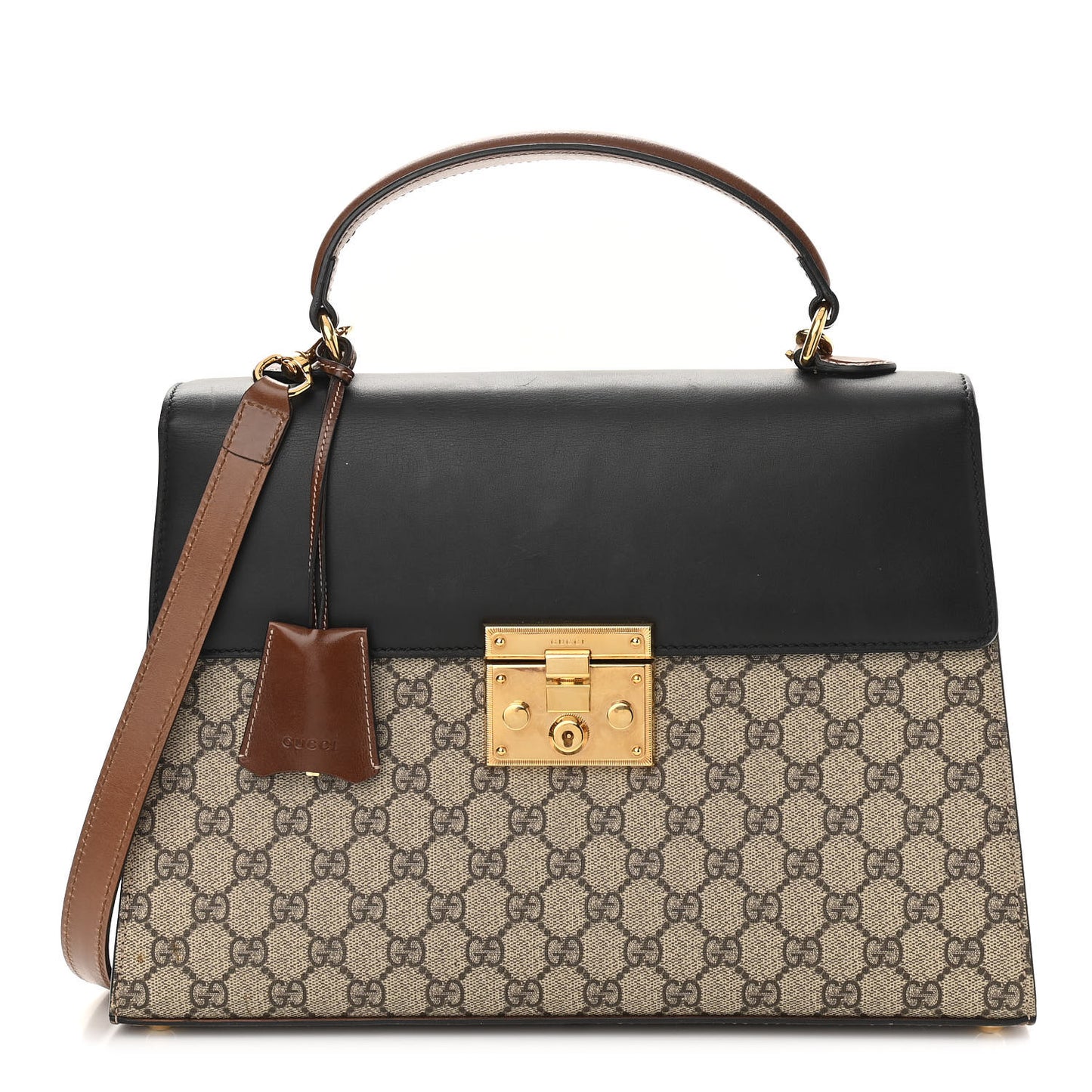 GG Supreme Monogram Calfskin Medium Padlock Top Handle Bag Beige Black Cuir
