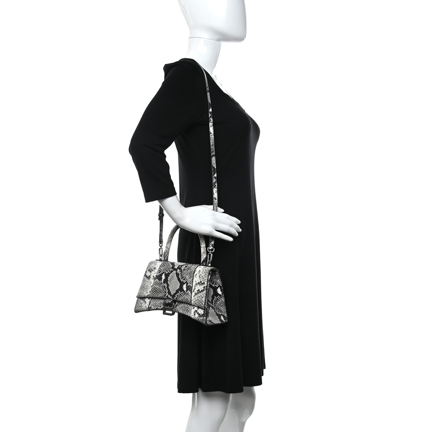 Balenciaga Shiny Calfskin Python Effect Hourglass Top Handle Bag Mini Black White 2 of 12