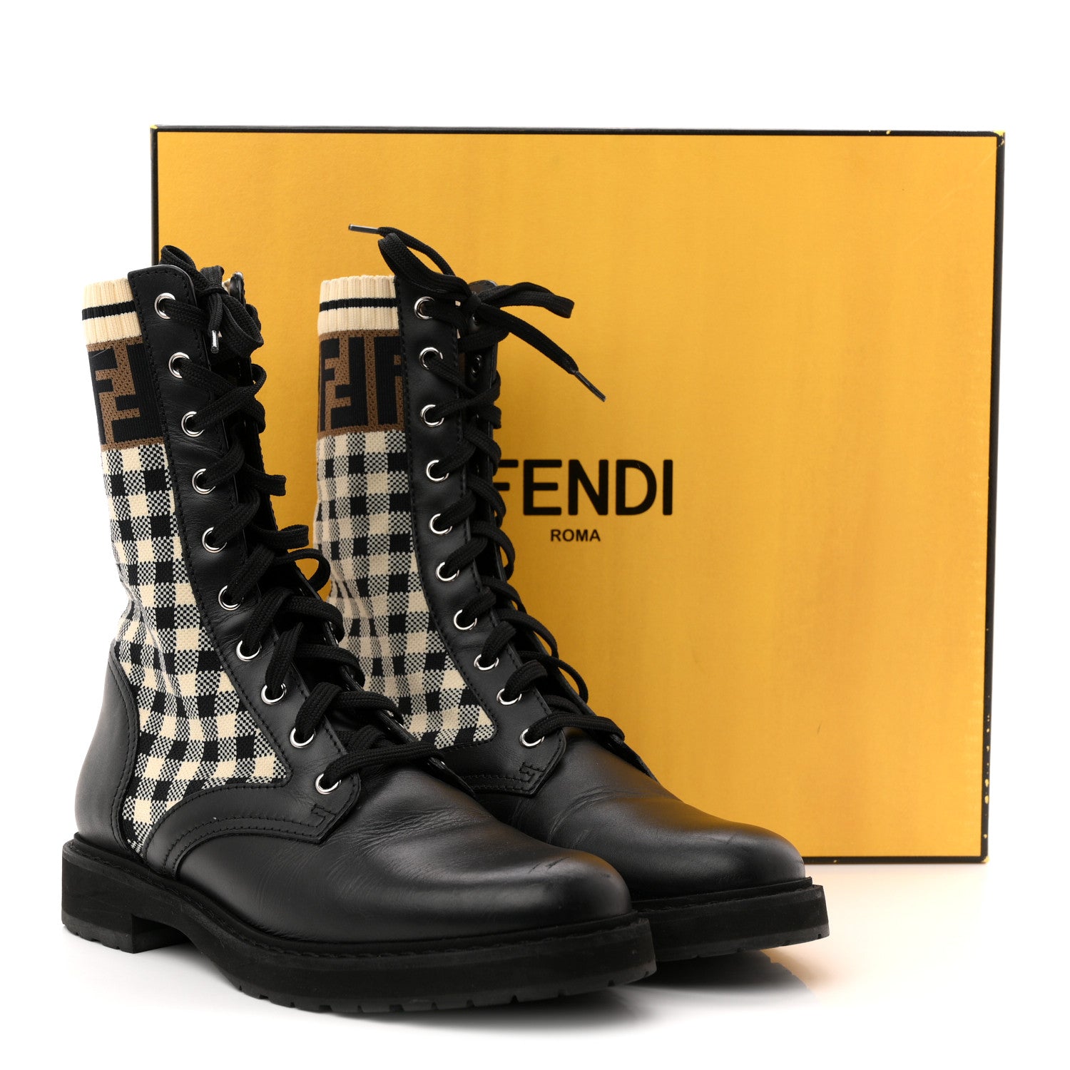 Fendi Vitello Stretch Fabric FF Vichy Rockoko Biker Boots 39 Black