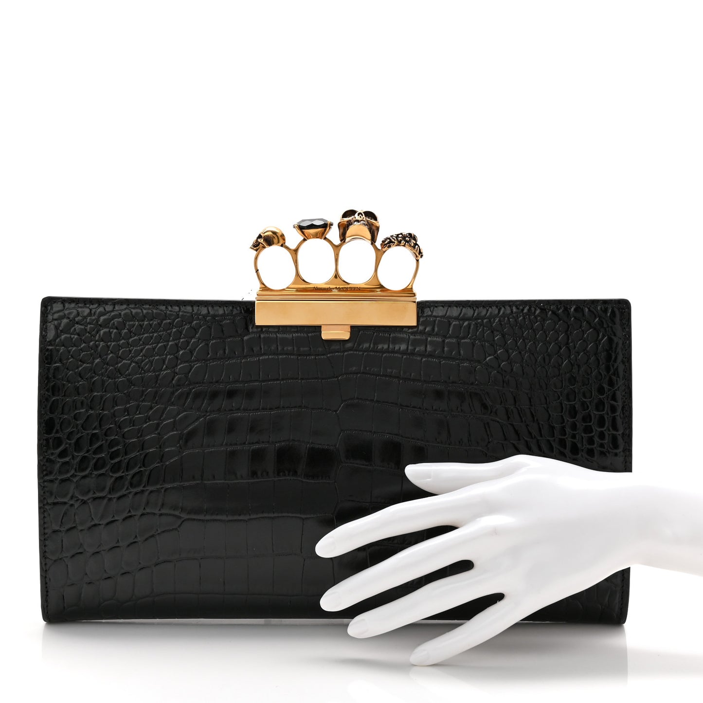 Calfskin Crocodile Embossed Knuckle Flat Clutch Black Gold