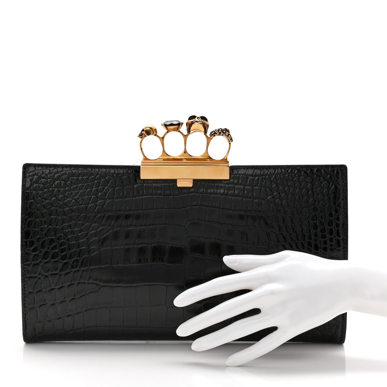 Alexander McQueen Calfskin Crocodile Embossed Knuckle Flat Clutch Black Gold 2 of 6