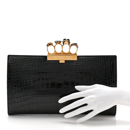 Alexander McQueen Calfskin Crocodile Embossed Knuckle Flat Clutch Black Gold 2 of 6