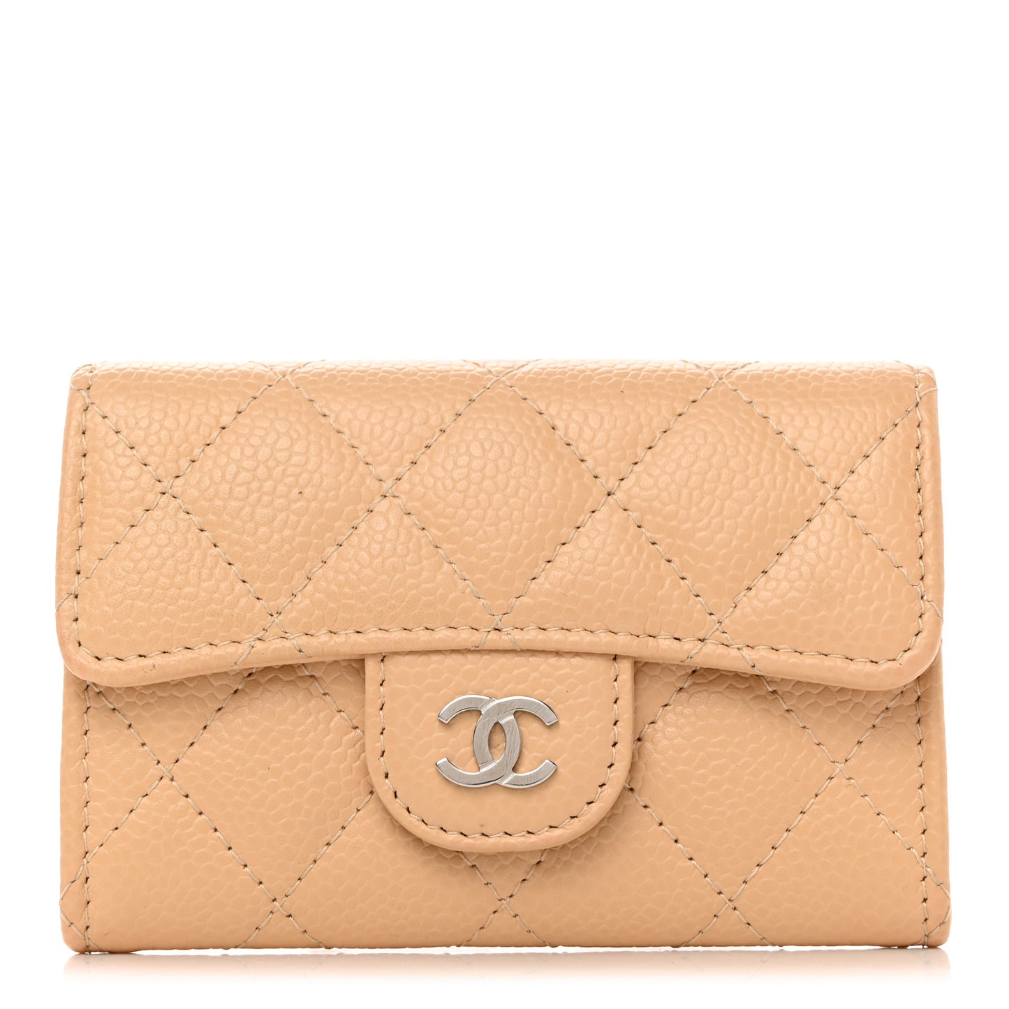 Caviar Quilted Flap Card Holder Wallet Beige