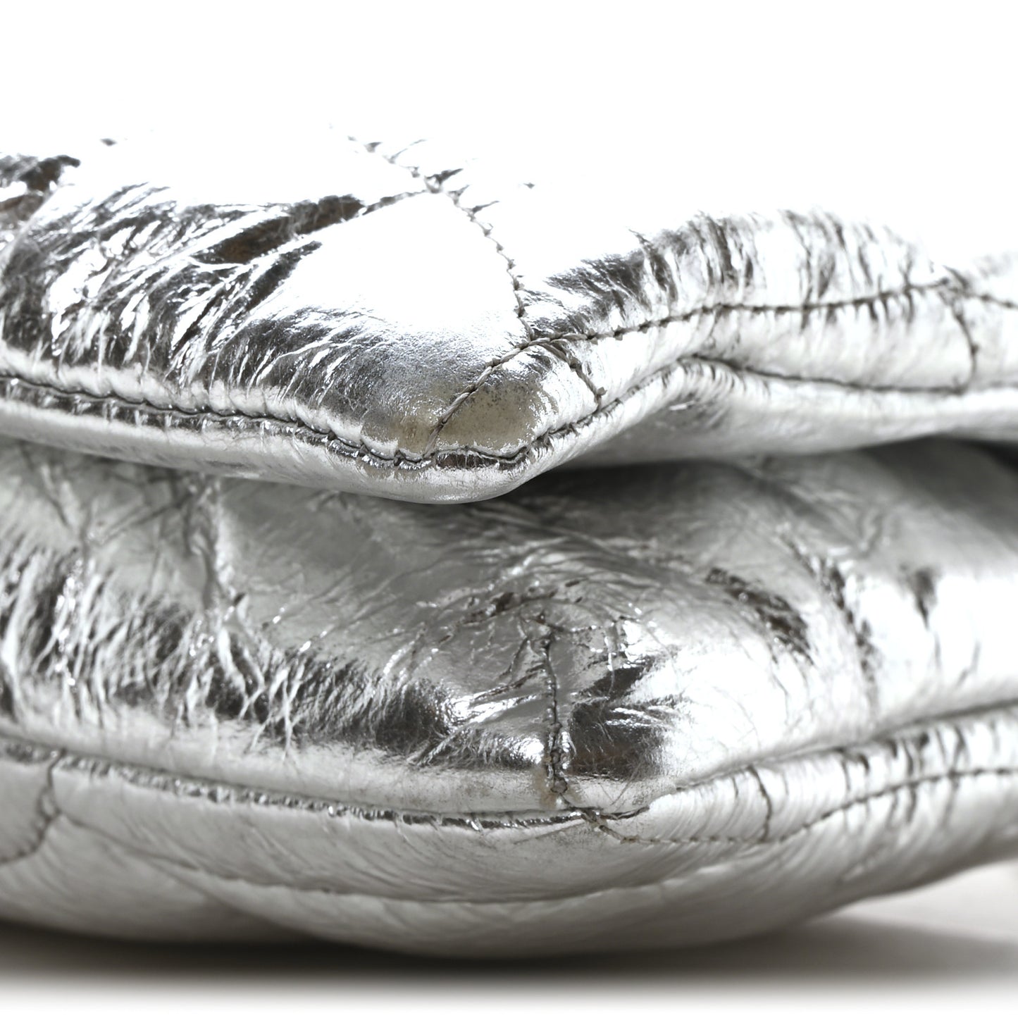 Metallic Crinkled Nappa Pillow Quilted Tiny Softie Bag Silver
