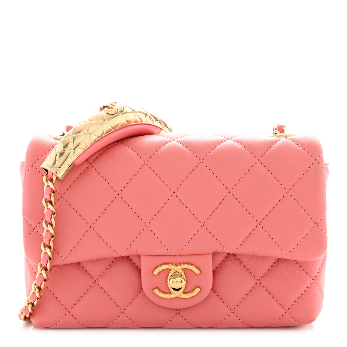 Lambskin Quilted Mini Quilted Handle Crush Flap  Pink