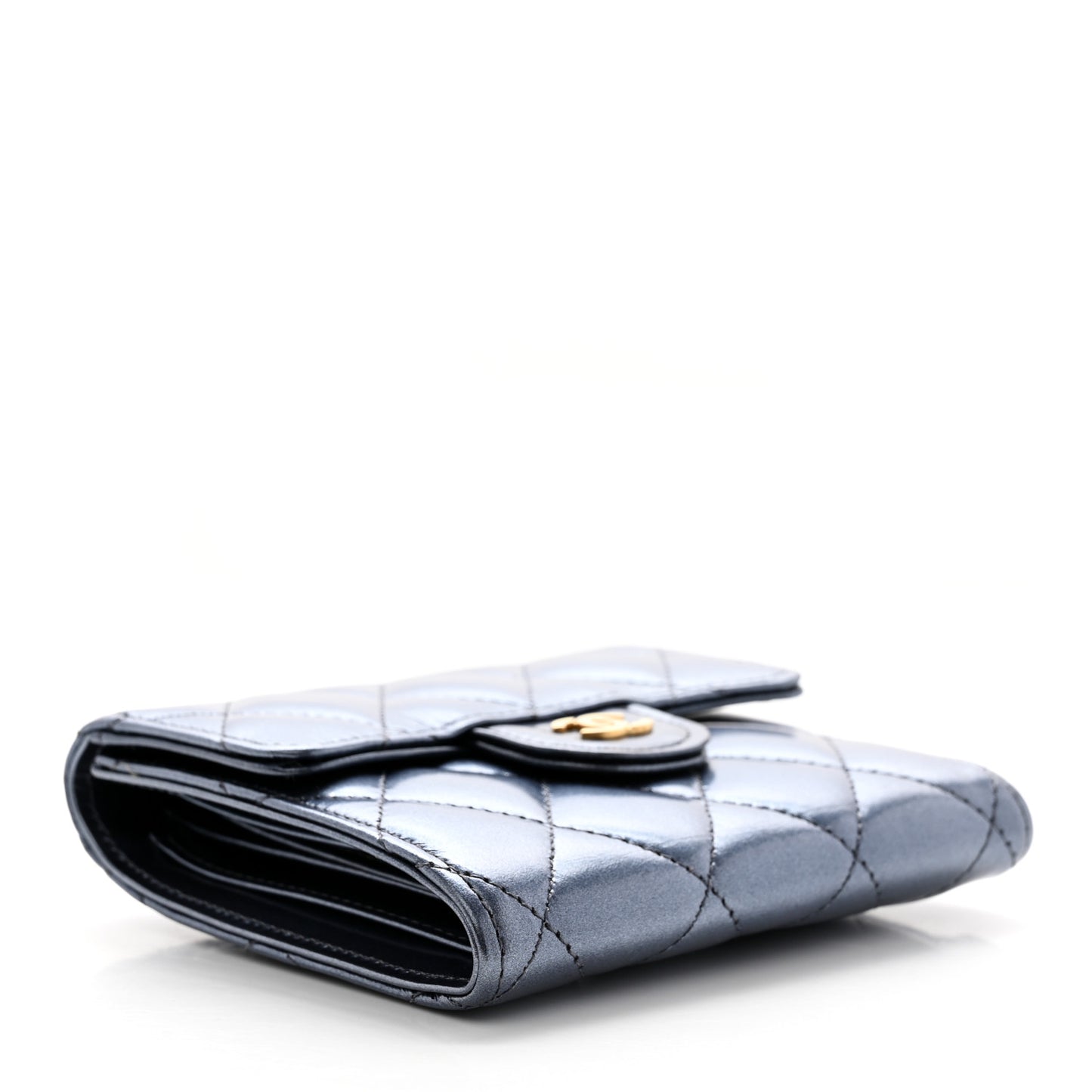 Iridescent Lambskin Quilted Compact Flap Wallet Navy