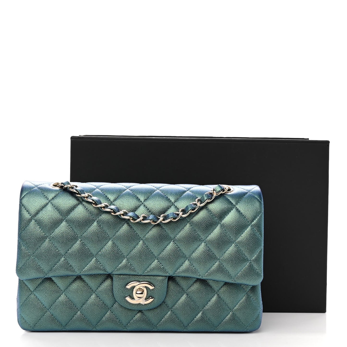 Iridescent Caviar Quilted Medium Double Flap Green