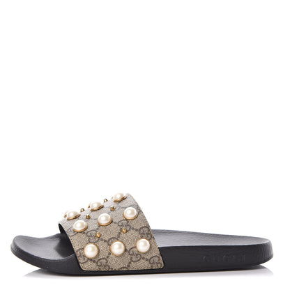 Gucci GG Supreme Monogram Slide Pearls Sandals 39 Beige 1 of 7