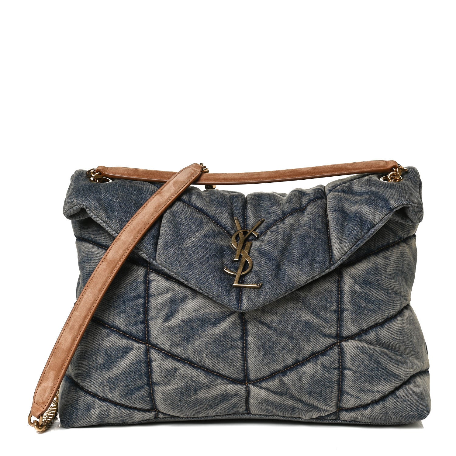 Saint Laurent Denim Quilted Medium Loulou Puffer Monogram Chain Satchel Blue Cinnamon 1 of 13