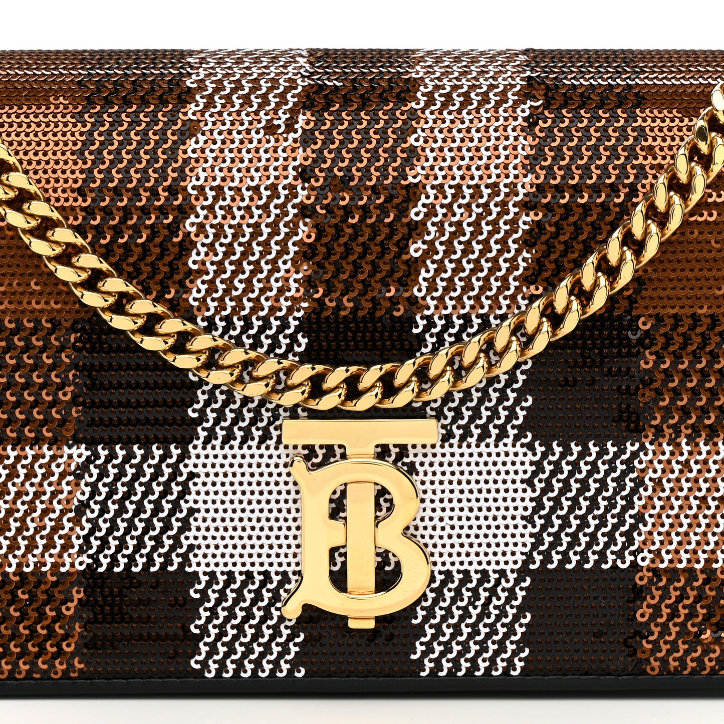 Calfskin Sequin Check Embellished TB Lola Chain Wallet Dark Birch