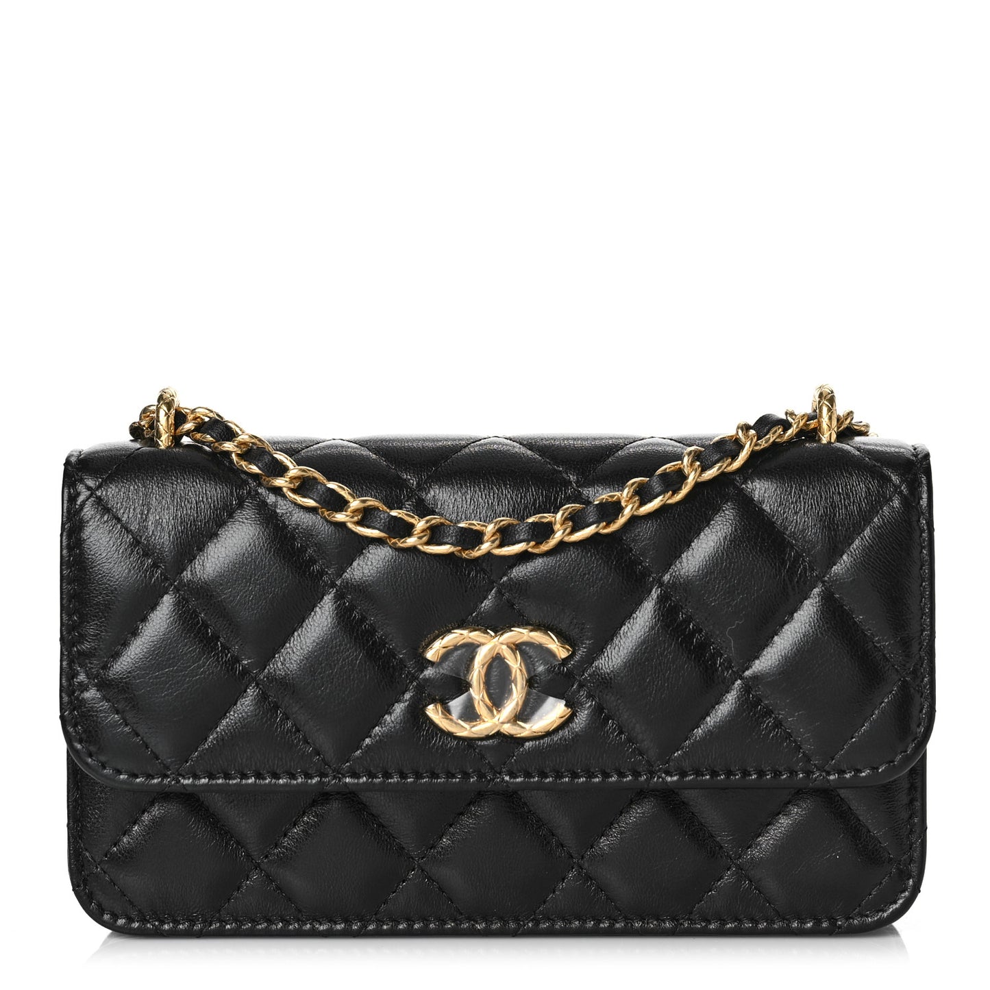 Lambskin Quilted Dynasty Flap Phone Holder With Chain Black