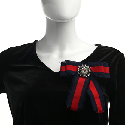 Gucci Grosgrain Web Crystal Bow Brooch Blue Red 2 of 5