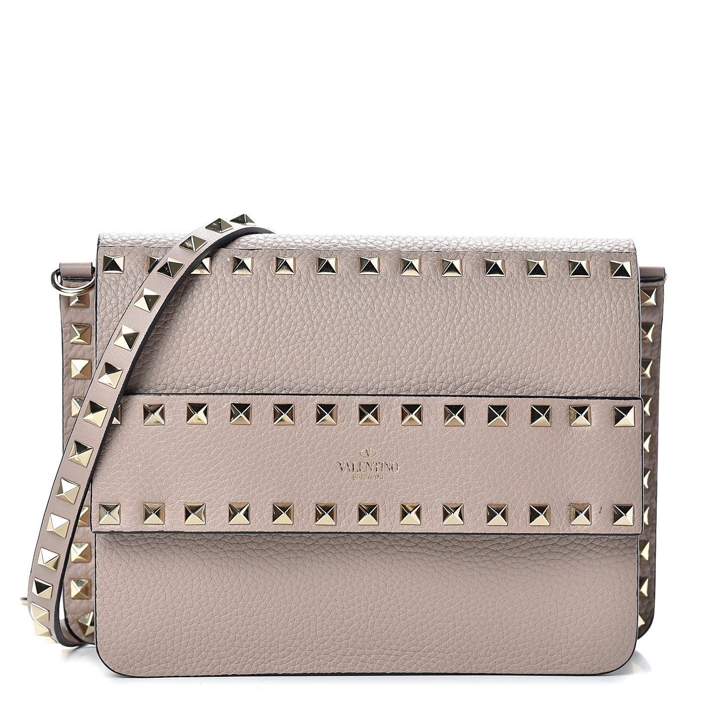 Pebbled Calfskin Rockstud Side Slip Crossbody Poudre