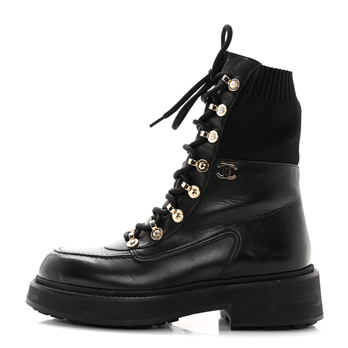 Calfskin Knit Lace Up Combat Boots 39 Black