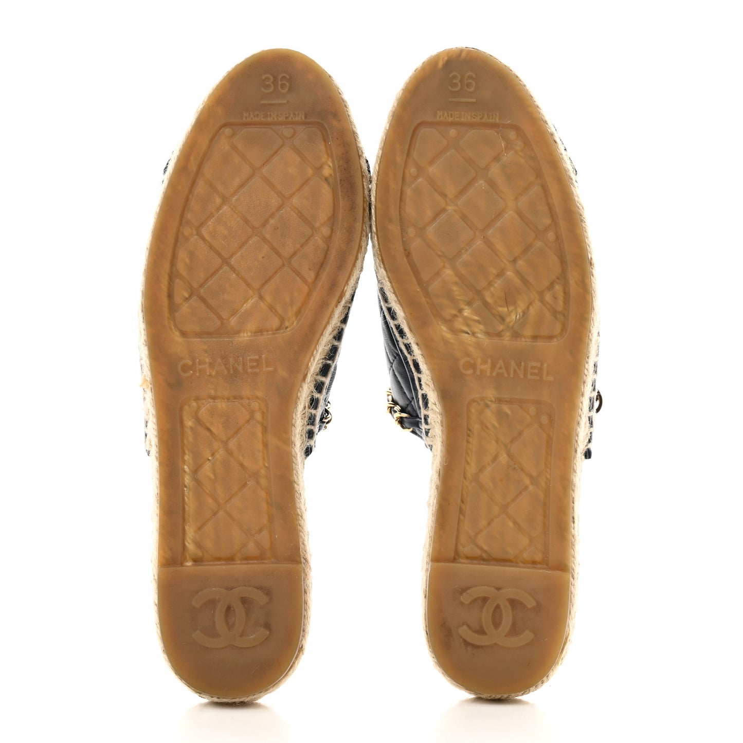 Lambskin Quilted CC Chain Espadrille Mules 36 Black Navy