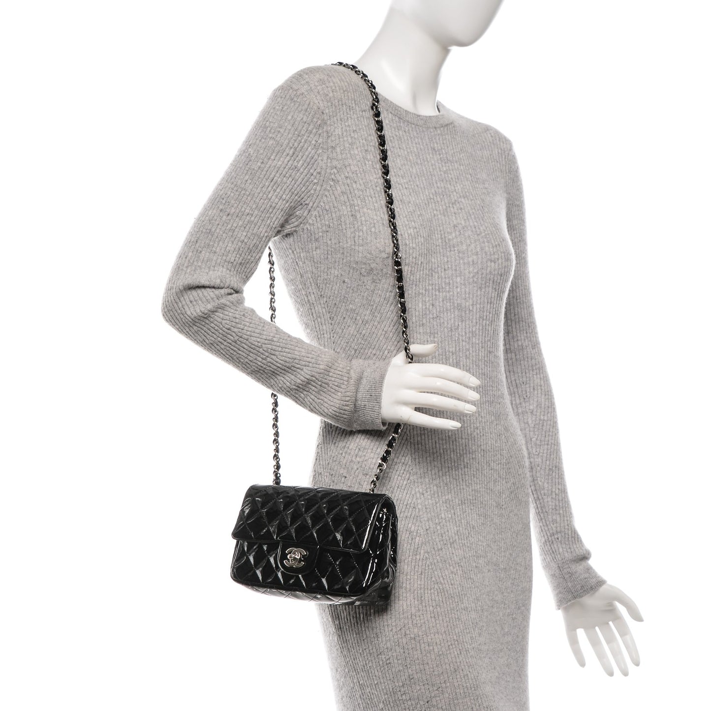 Patent Calfskin Quilted Mini Rectangular Flap Black