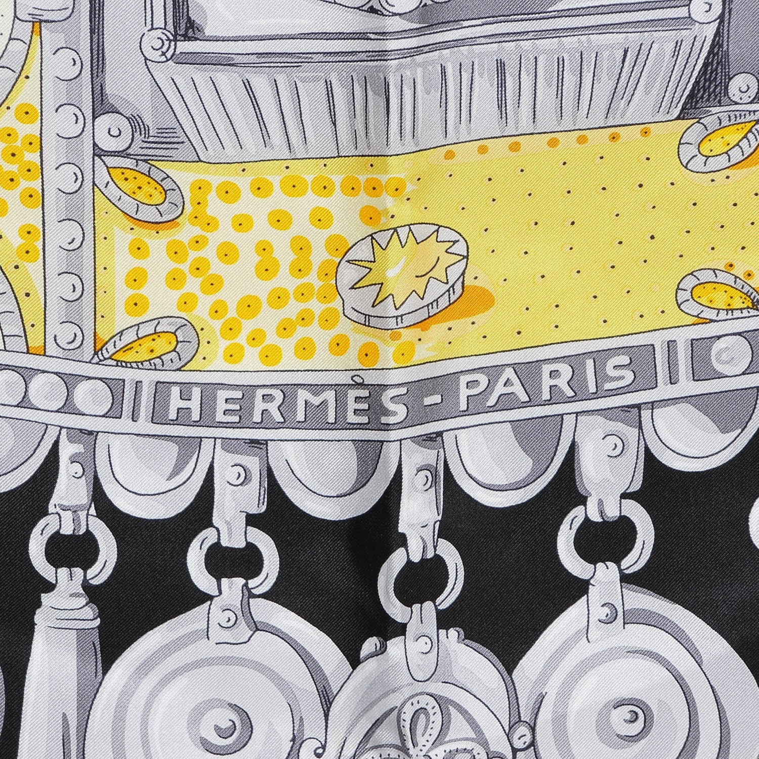 Hermes Silk Twill Parures Precieuses Shawl 140 Noir Jaune D'Or Gris 3 of 7