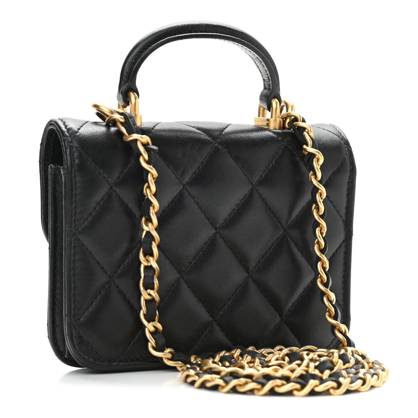 Lambskin Quilted Top Handle Flap Coin Purse With Chain Black
