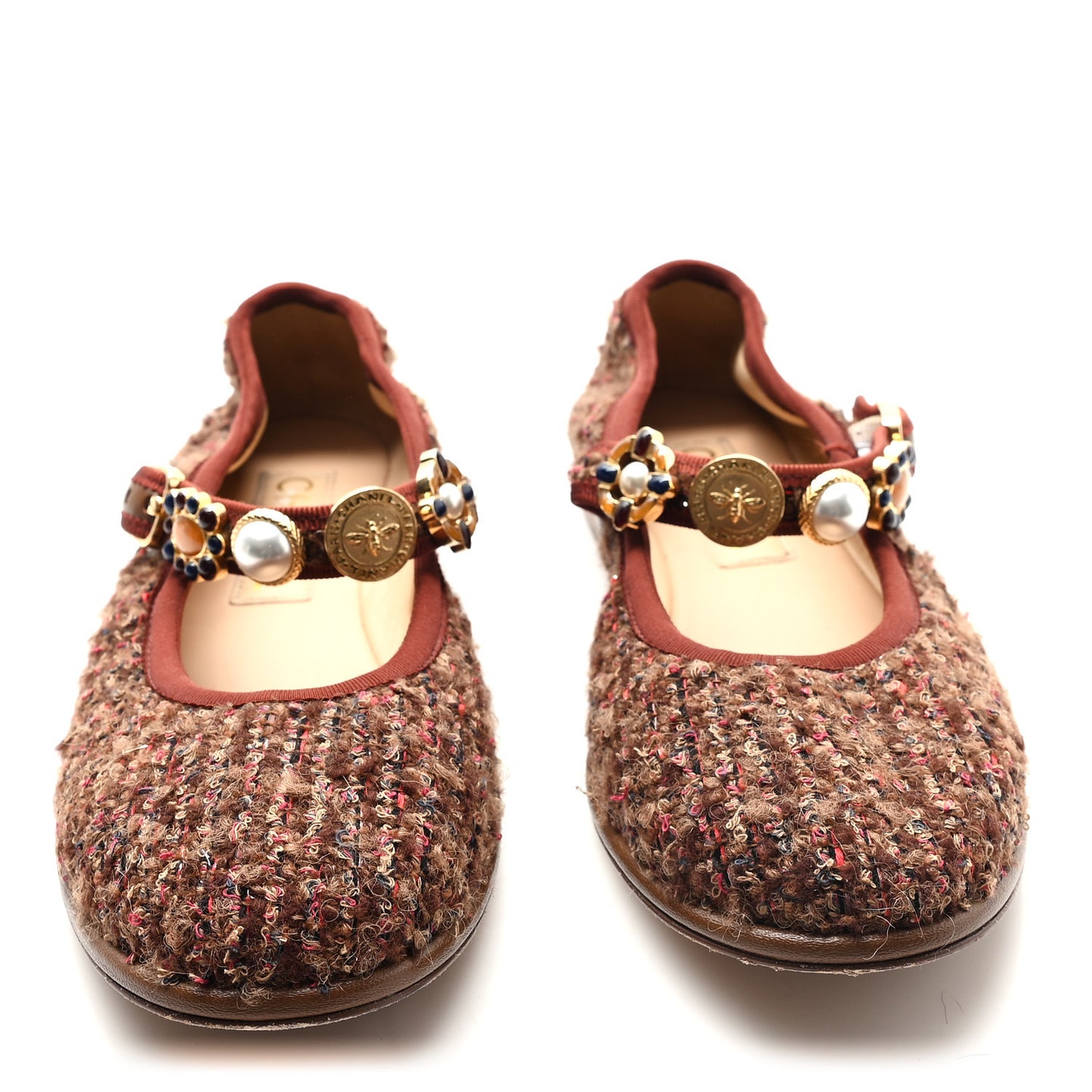Wool Tweed Mary Jane Flats 37.5 Brown Red Dark Blue