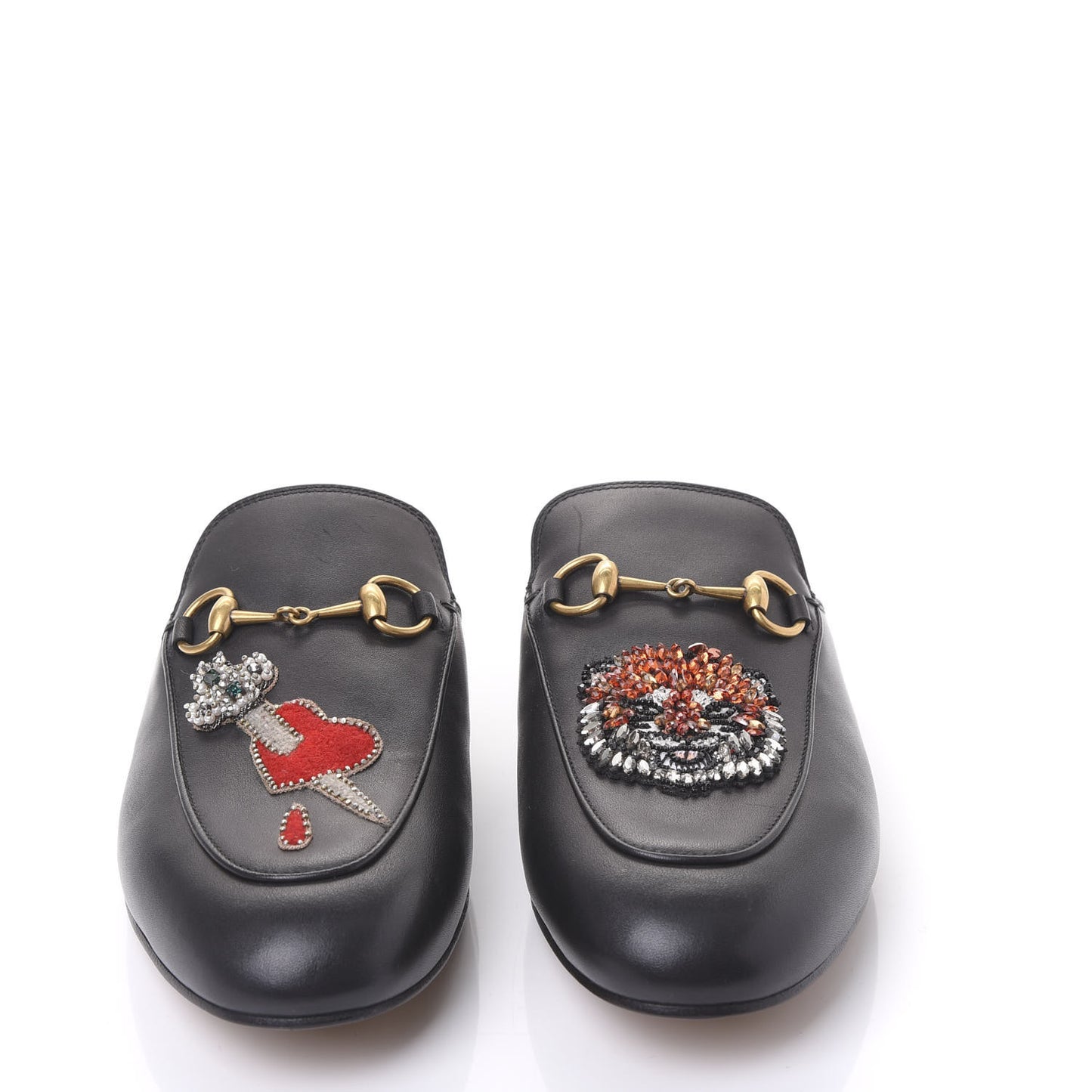 Calfskin Crystal Tiger Embroidered Princetown Slippers 38.5 Black