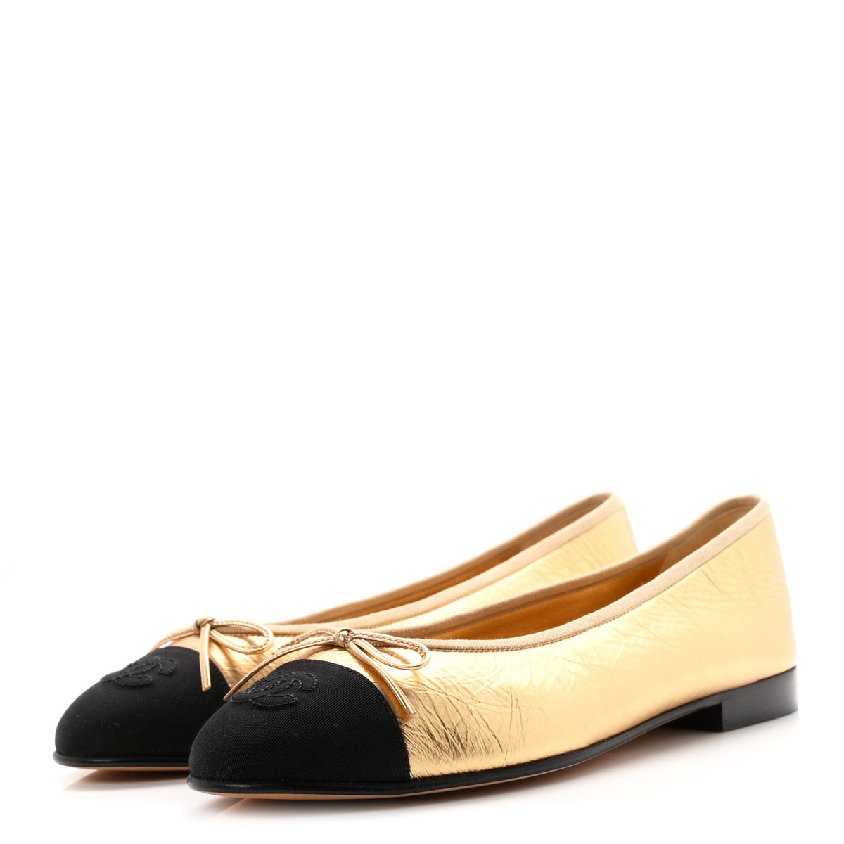 Metallic Laminated Lambskin Grosgrain CC Cap Toe Ballerina Flats 38 Dark Gold Black