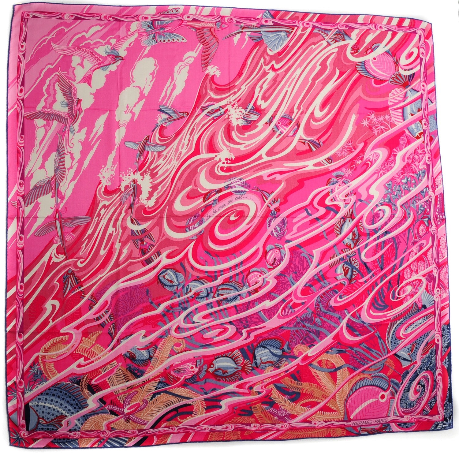 Hermes Cashmere Silk De La Mer Au Ciel Shawl 140 Rose Vif Fuchsia Gris Bleuete 2 of 7