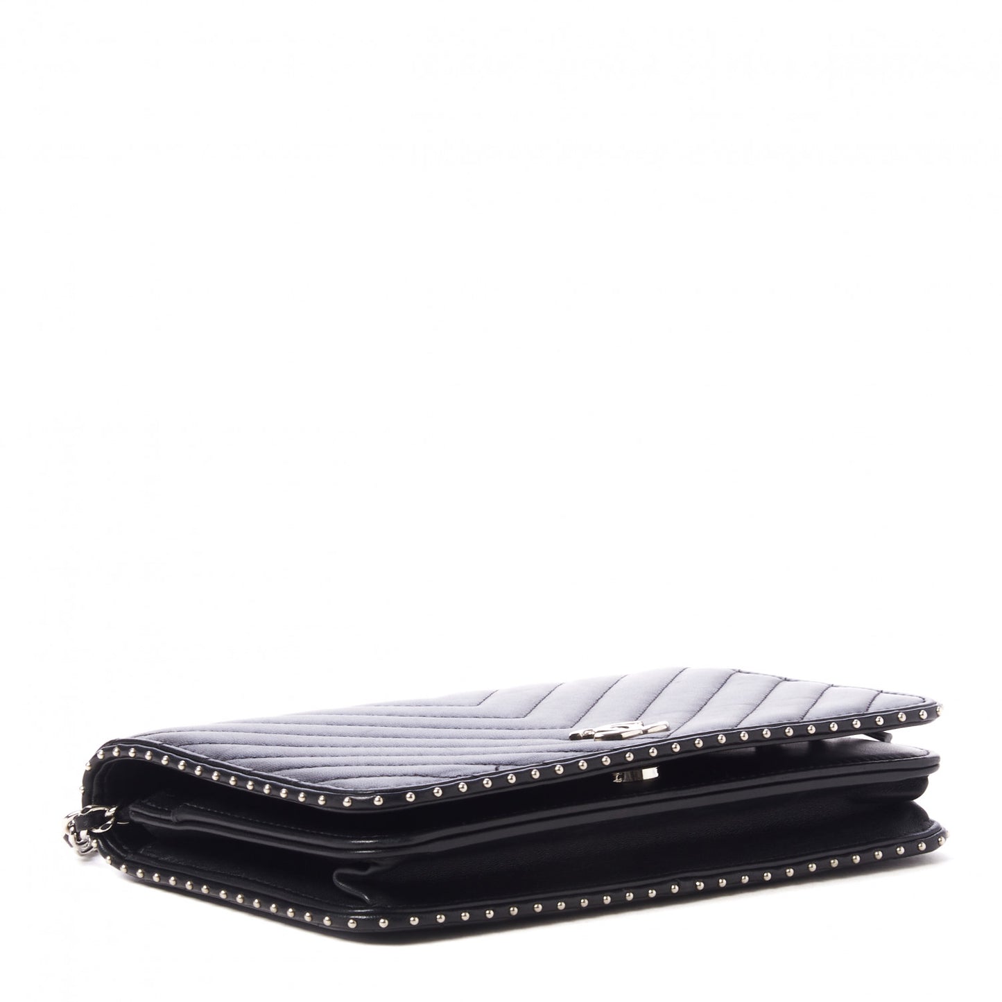 Lambskin Chevron Quilted Studded Wallet On Chain WOC Black