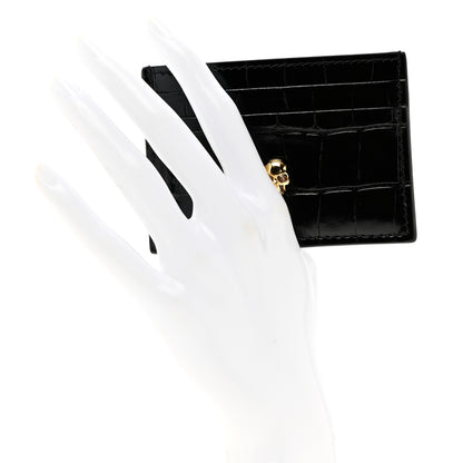 Alexander McQueen Patent Crocodile Embossed Skull Card Holder Black 2 of 6